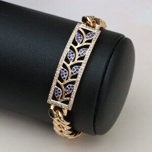 "Bold Leaf Design Rose Gold Bracelet with Blue Stones, XPBL0768